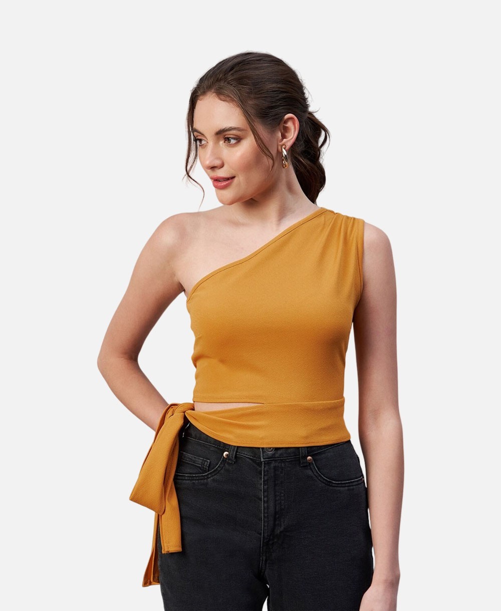 Pista Green Colour One Shoulder Solid Top