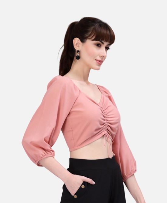 Peach Coloured Ruched Tie-Front Crop Top