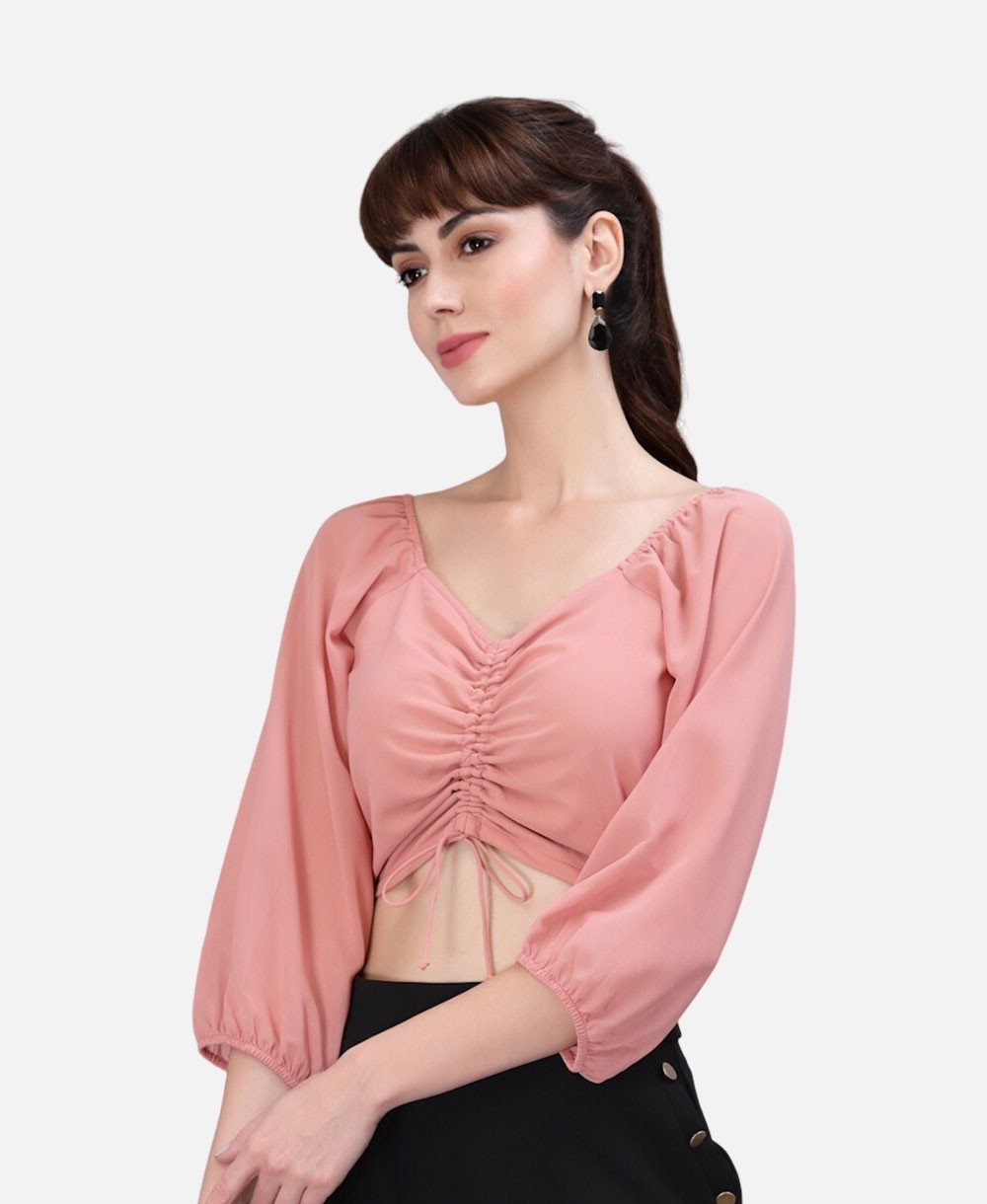 Peach Coloured Ruched Tie-Front Crop Top
