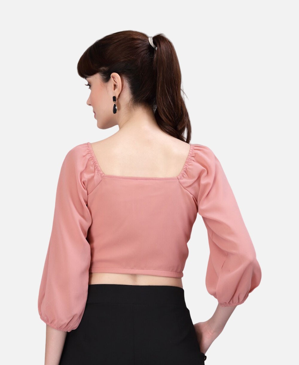Peach Coloured Ruched Tie-Front Crop Top