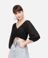 Peach Coloured Ruched Tie-Front Crop Top