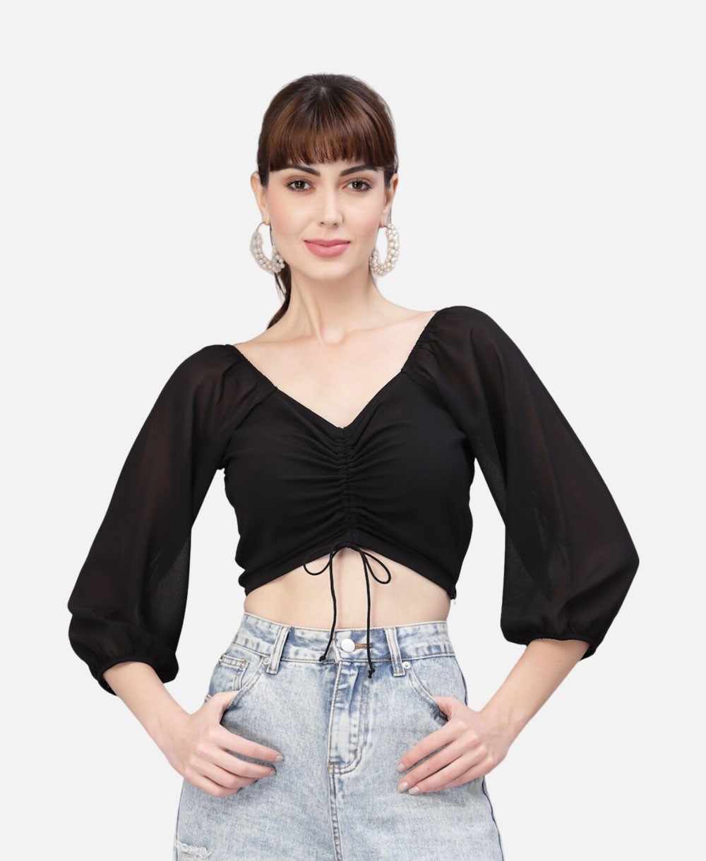 Peach Coloured Ruched Tie-Front Crop Top