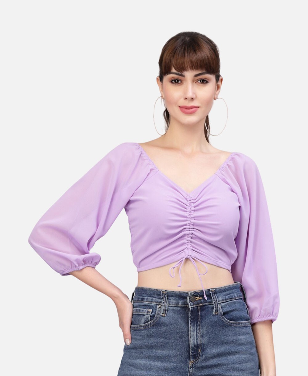 Peach Coloured Ruched Tie-Front Crop Top