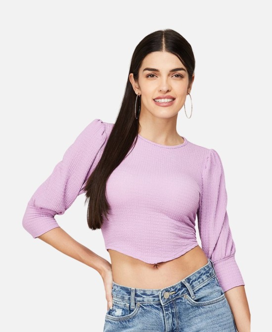 Textured Top With Cuffed Sleeves Relaxed Fit Top