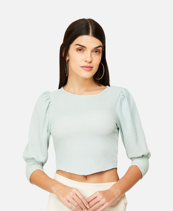 Textured Top With Cuffed Sleeves Relaxed Fit Top