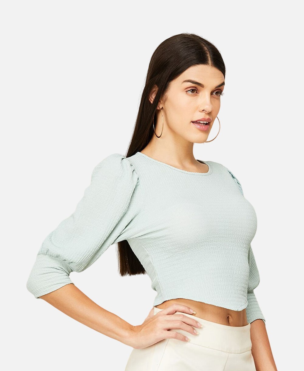 Textured Top With Cuffed Sleeves Relaxed Fit Top