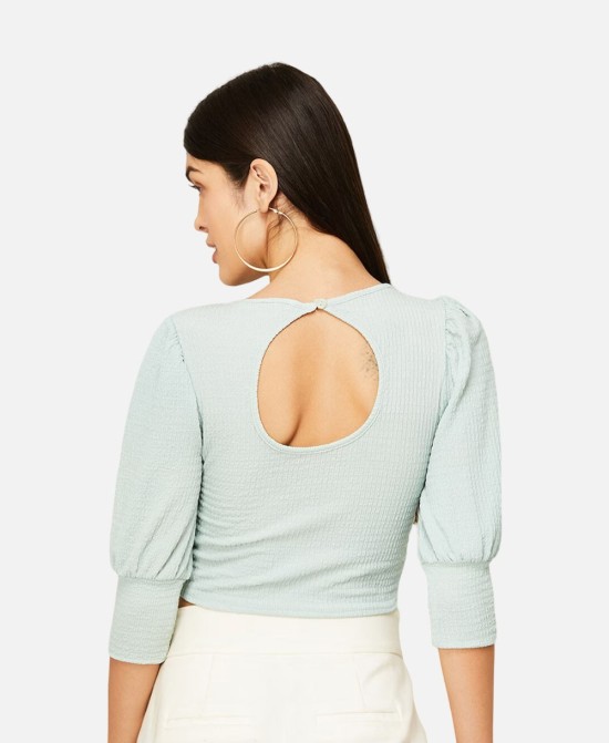 Textured Top With Cuffed Sleeves Relaxed Fit Top