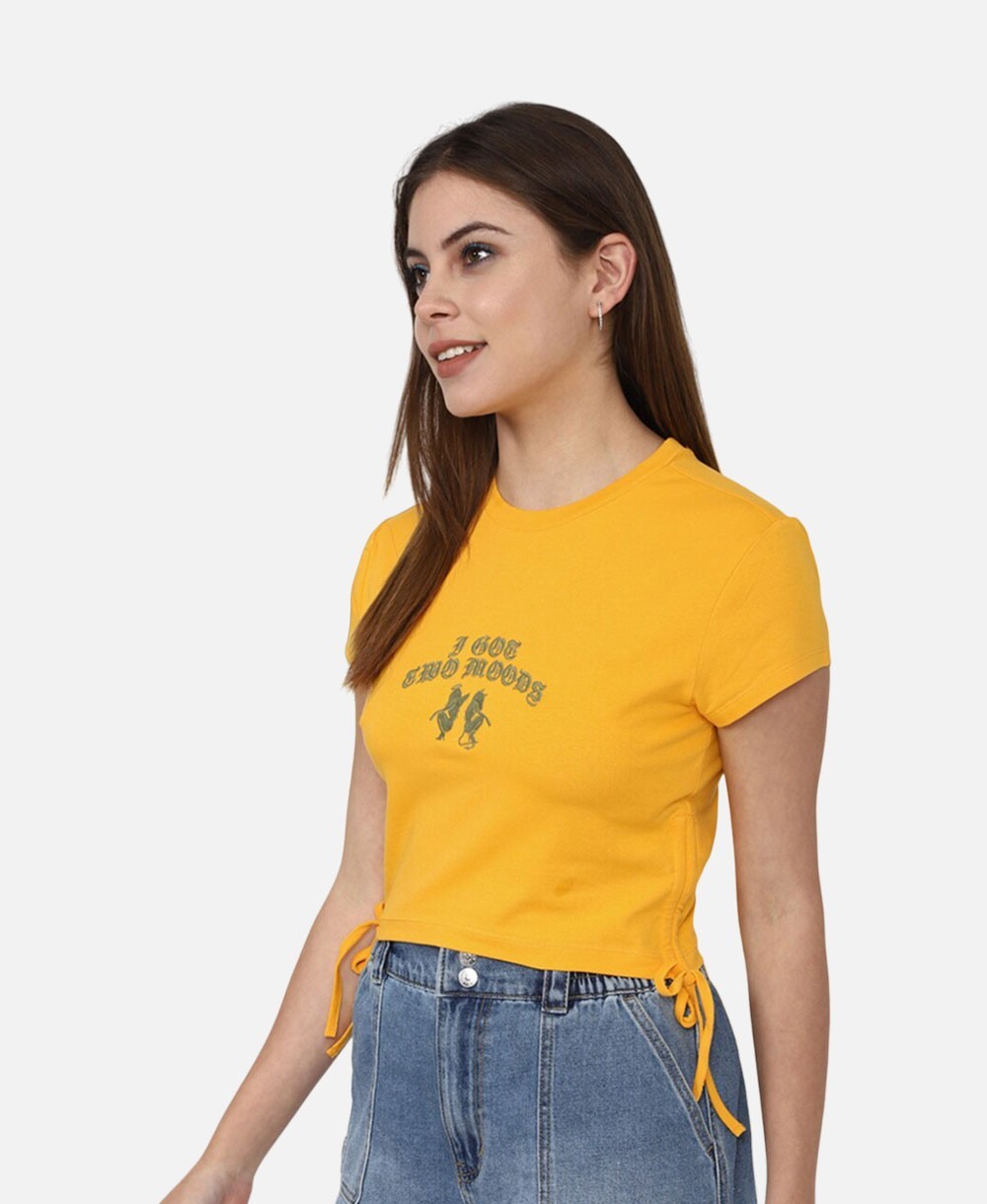 Forever 21 Women Yellow Round Neck Short Sleeves Top