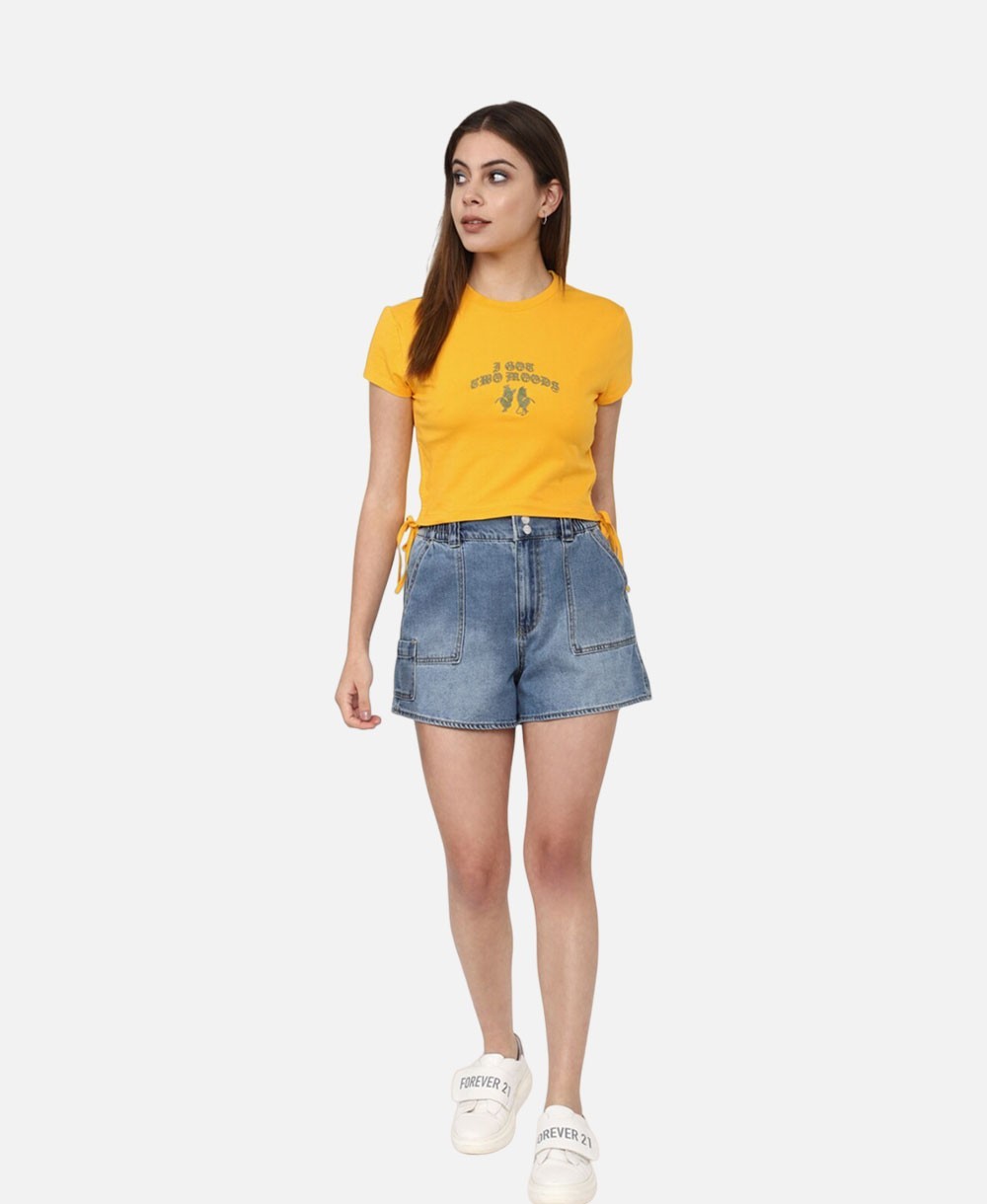 Forever 21 Women Yellow Round Neck Short Sleeves Top