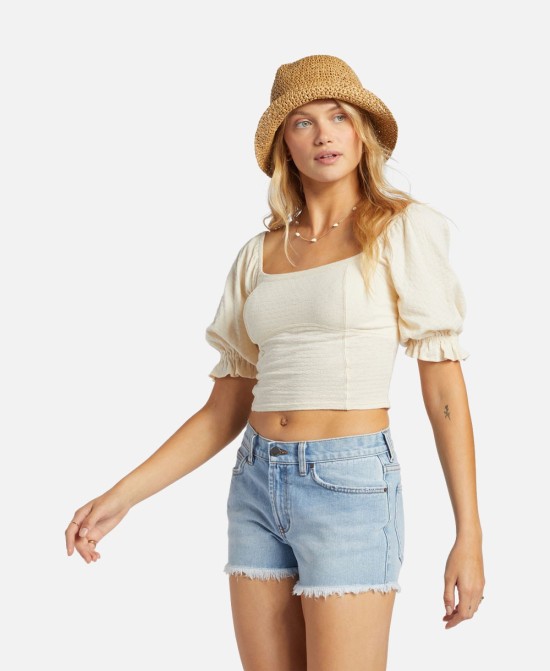 Floral Pointelle Smocked Crop Top In Whitecap