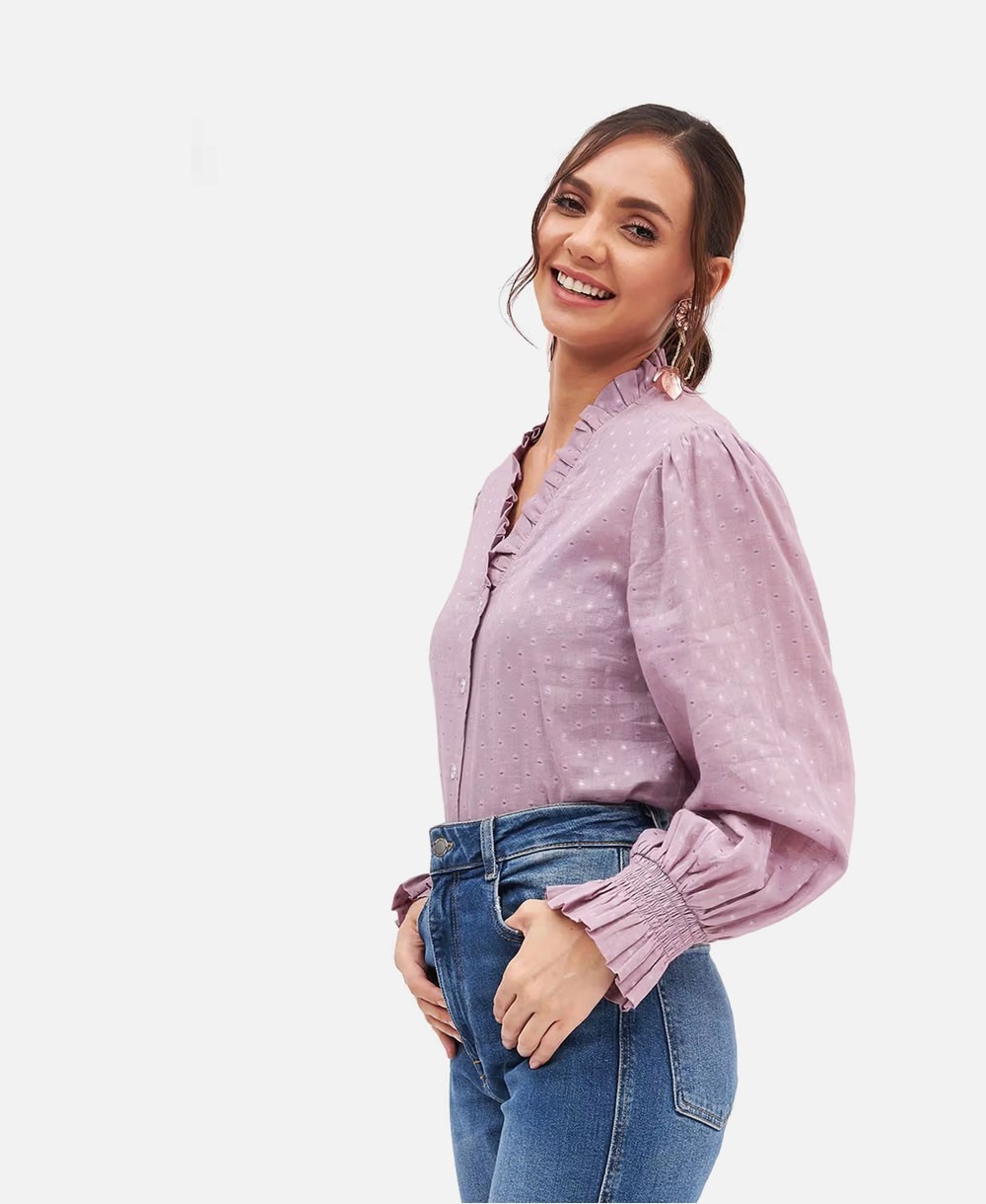 Women Pink Cotton Long Sleeve Crop Top