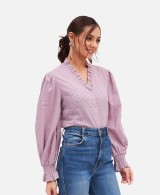 Women Pink Cotton Long Sleeve Crop Top