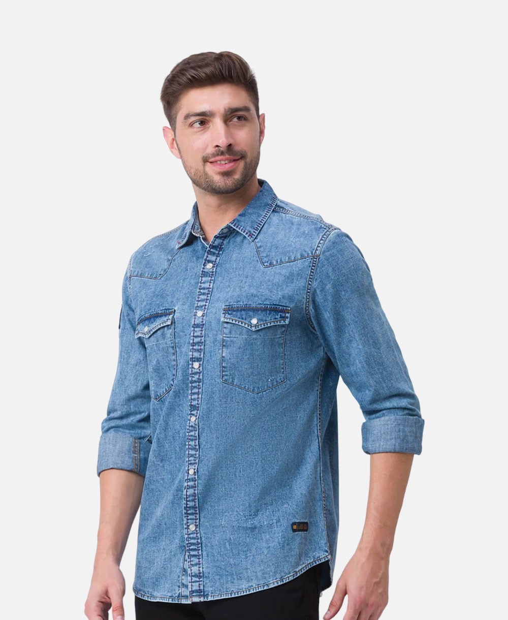 Fashion Men's Denim Solid Slim Fit Casual Shirt