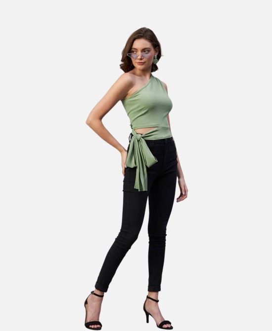 Pista Green Colour One Shoulder Solid Top