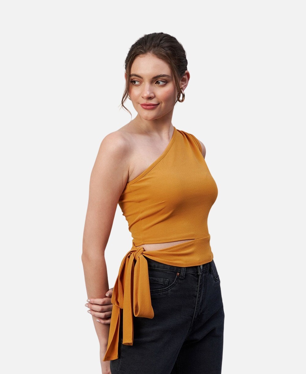 Pista Green Colour One Shoulder Solid Top